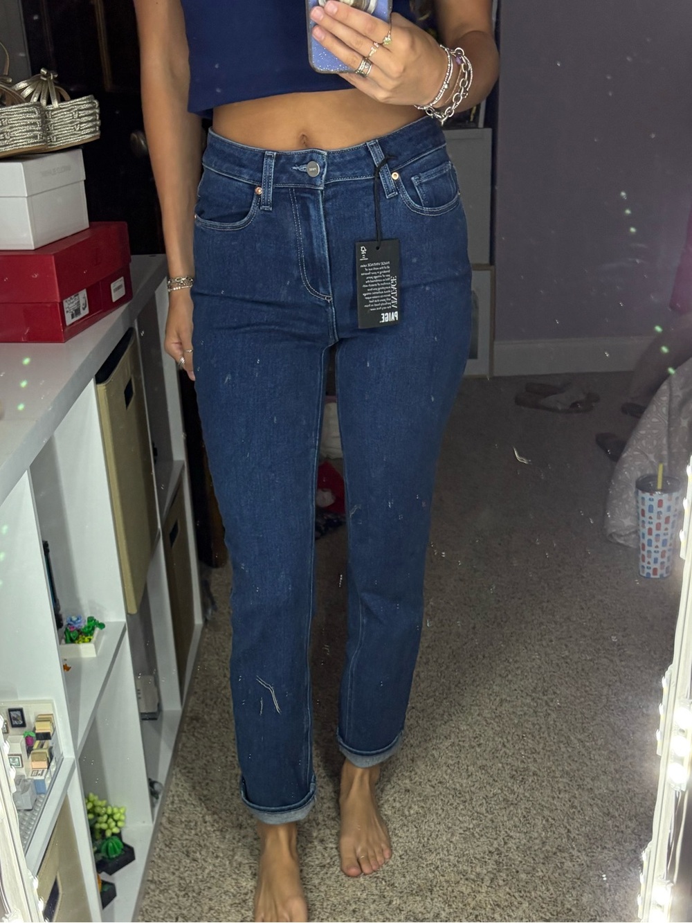 PAIGE Dark Blue High-Rise Straight Leg Jeans